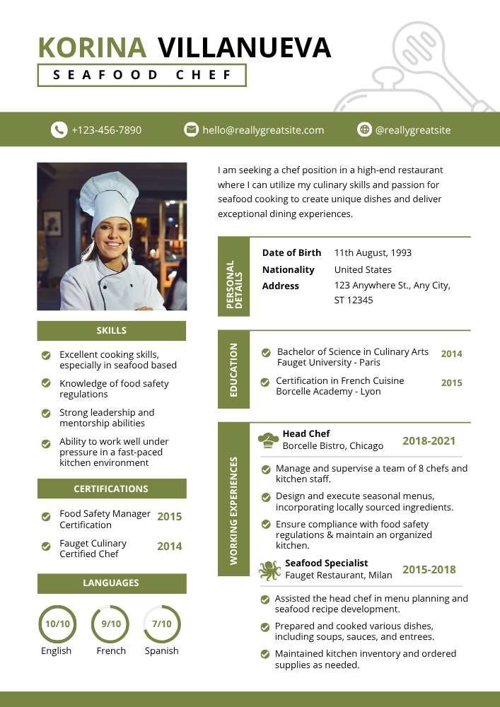 White Green Modern Elegant Chef CV Resume White Green Modern Elegant Chef CV Resume – Editable Professional Canva Template | Clean ATS-Friendly Culinary Resume Design