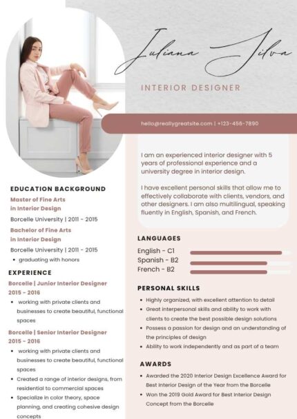 White Grey Modern Elegant Feminine Interior Designer Resume – Editable Canva Template | ATS-Friendly Creative CV