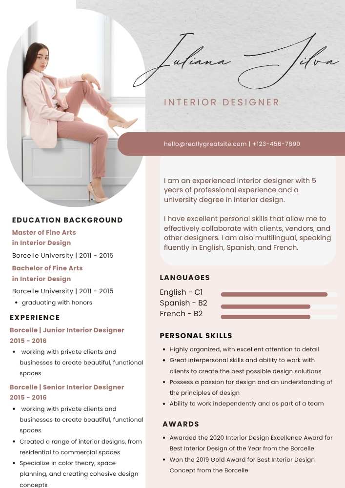 White Grey Modern Elegant Aesthetic Creative Feminine Interior Designer Photo Resume White Grey Modern Elegant Feminine Interior Designer Resume – Editable Canva Template | ATS-Friendly Creative CV