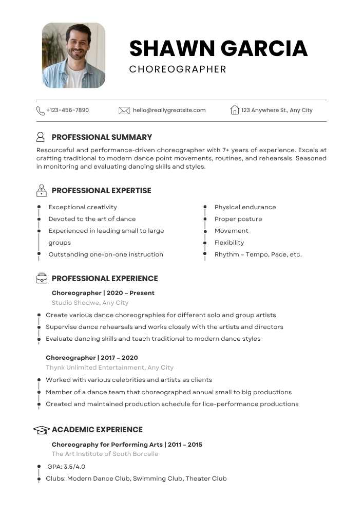 White Simple Choreographer Professional Resume White Simple Choreographer Professional ATS Friendly Resume – Canva Editable Template