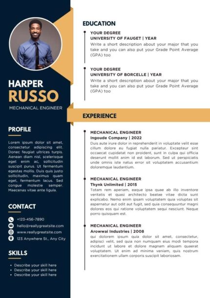 White Yellow Navy Professional Mechanical Engineer Resume – Editable Canva Template | Modern ATS-Friendly Engineering CV Design