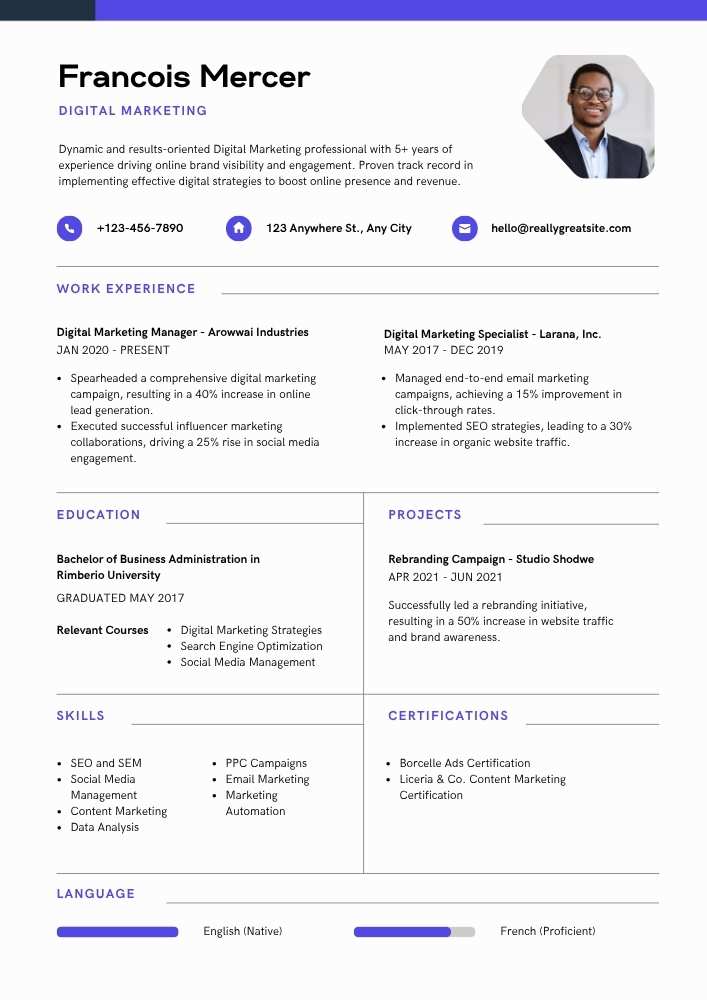White and Blue Clean Digital Marketing Resume White and Blue Clean Digital Marketing Resume – Editable Professional Canva Template | ATS-Friendly Modern CV Design