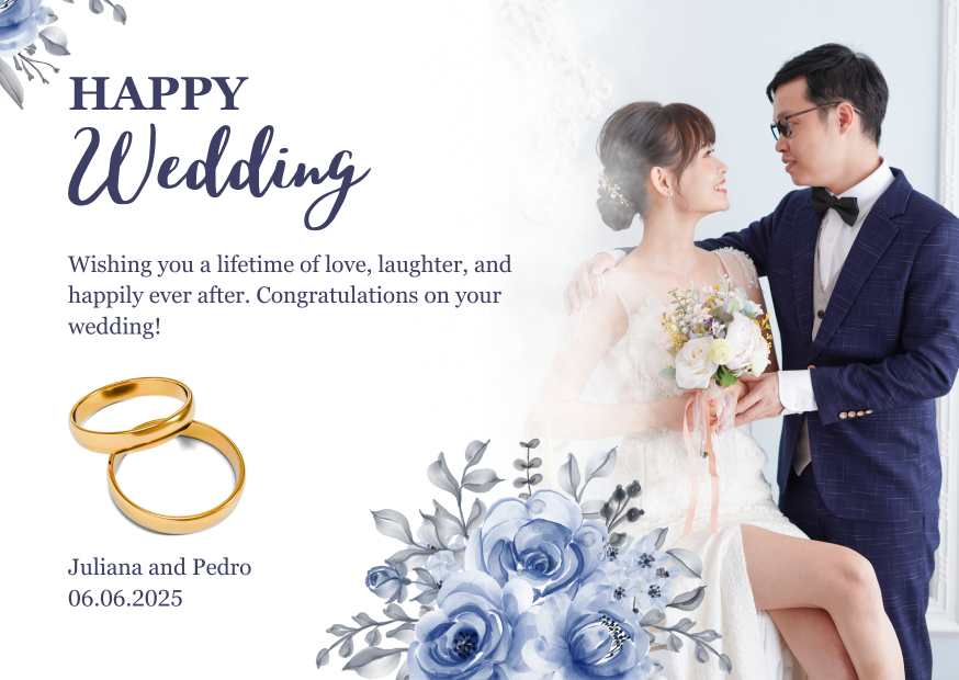 White and Blue Floral Happy Wedding Card