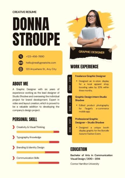 Yellow Modern Graphic Designer Resume | Editable Template | ATS Friendly Professional Canva CV