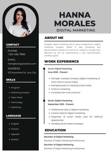 Black & White Modern Digital Marketing Resume – Editable CV Template | Professional ATS-Friendly Canva Design