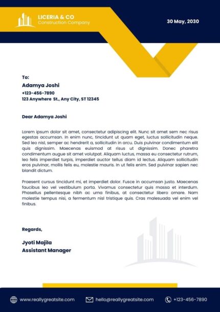Dark Blue and Yellow Geometric Construction Company Business Letterhead Template