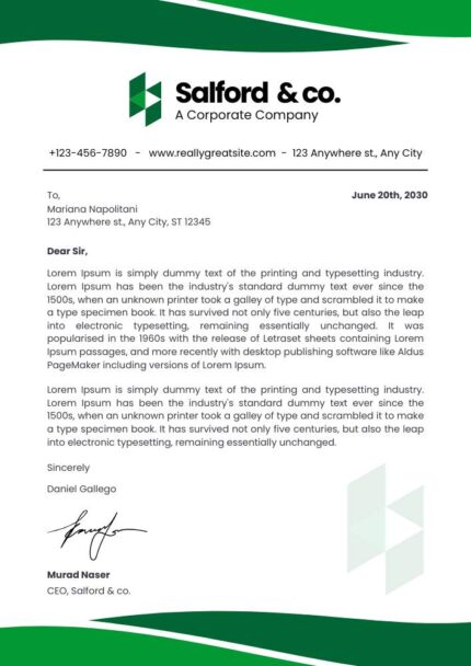 Green and White Modern Company Business Letterhead