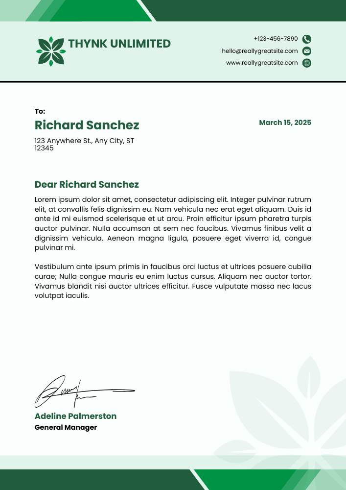 Green and White Modern Minimalist Business Letterhead Green and White Modern Minimalist Business Letterhead